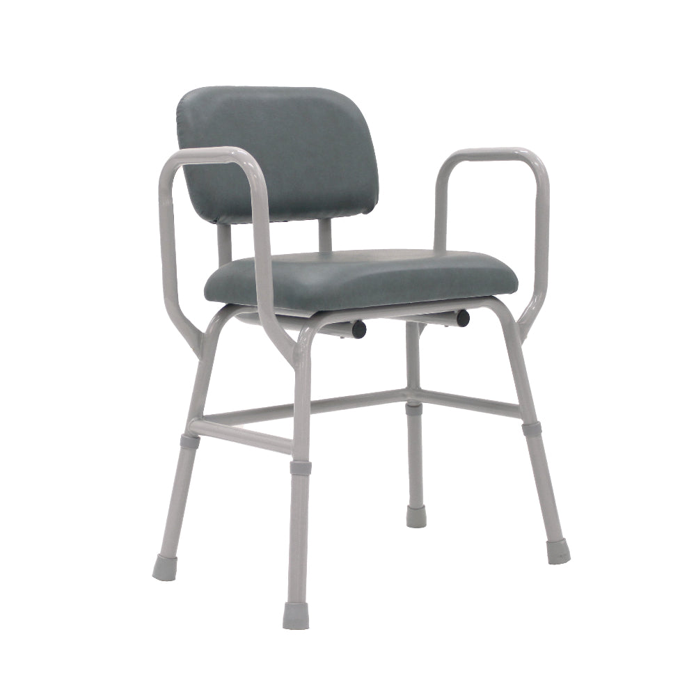 A gray upholstered bariatric medical-style chair with a light gray metal frame, armrests, and four legs, shown on a plain white background