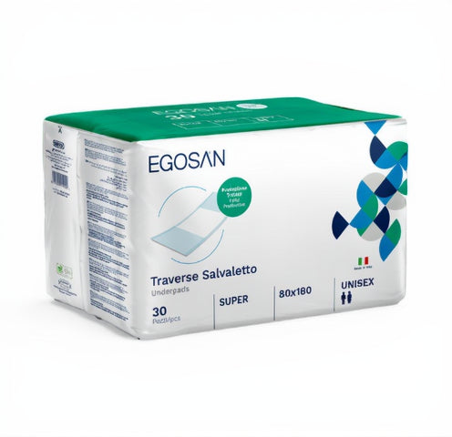 Box of Egosan traverse salvaletto underpads with green and white design