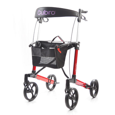 A red Cubro Freiheit X3 aluminium walking frame with a black basket, equipped with eight-inch rubber wheels and hand brakes.