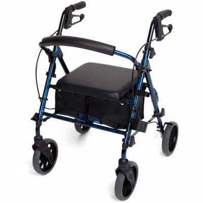 A blue Mobilis Plus walking frame with black cushion, cane holder, and large wheels designed for mobility assistance.
