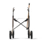 Brown Overland rollator front view with cane in cane holder on users left side