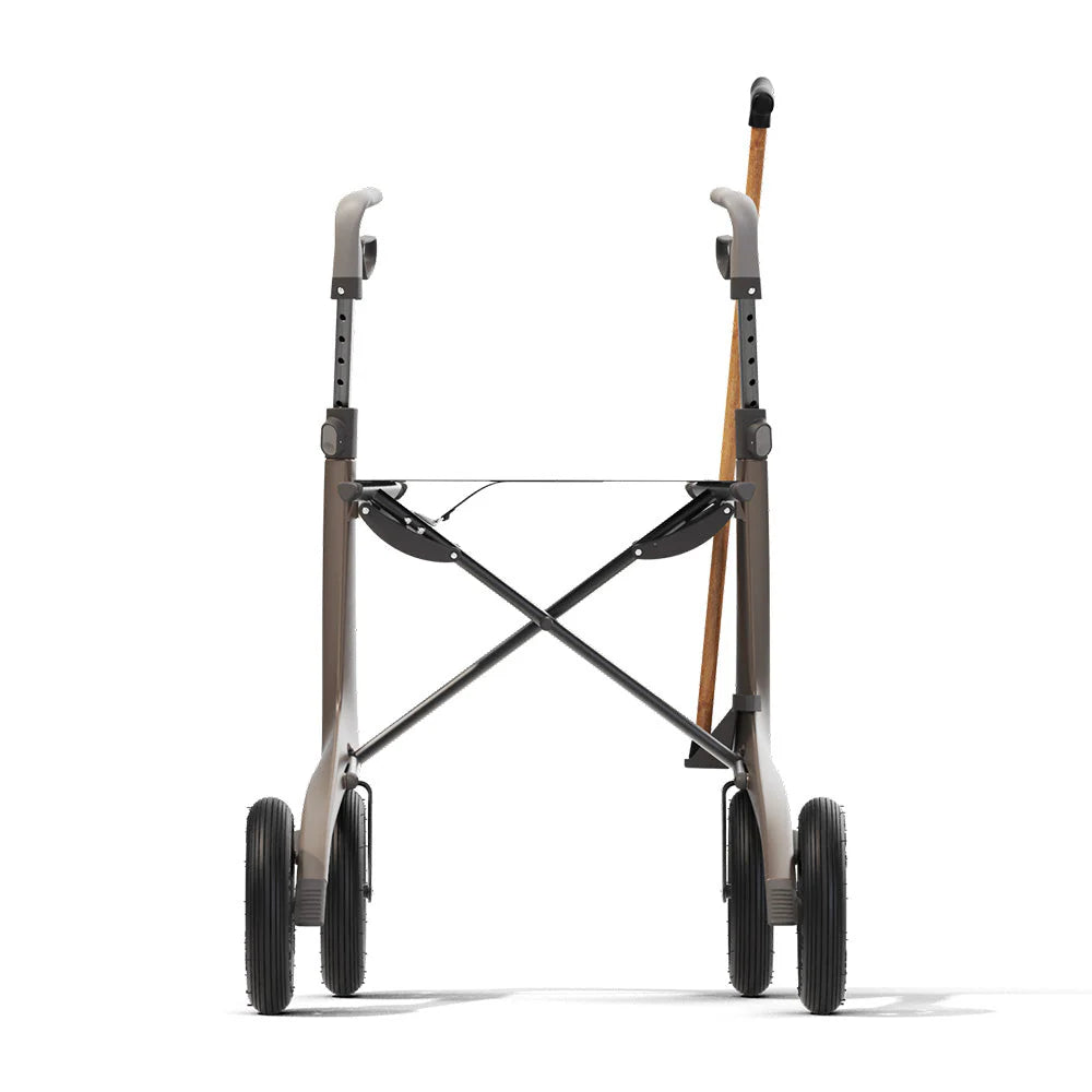 Brown Overland rollator front view with cane in cane holder on users left side
