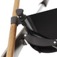 Close up view from underneath seat of Overland rollator, showing cane held by clip on cane holder