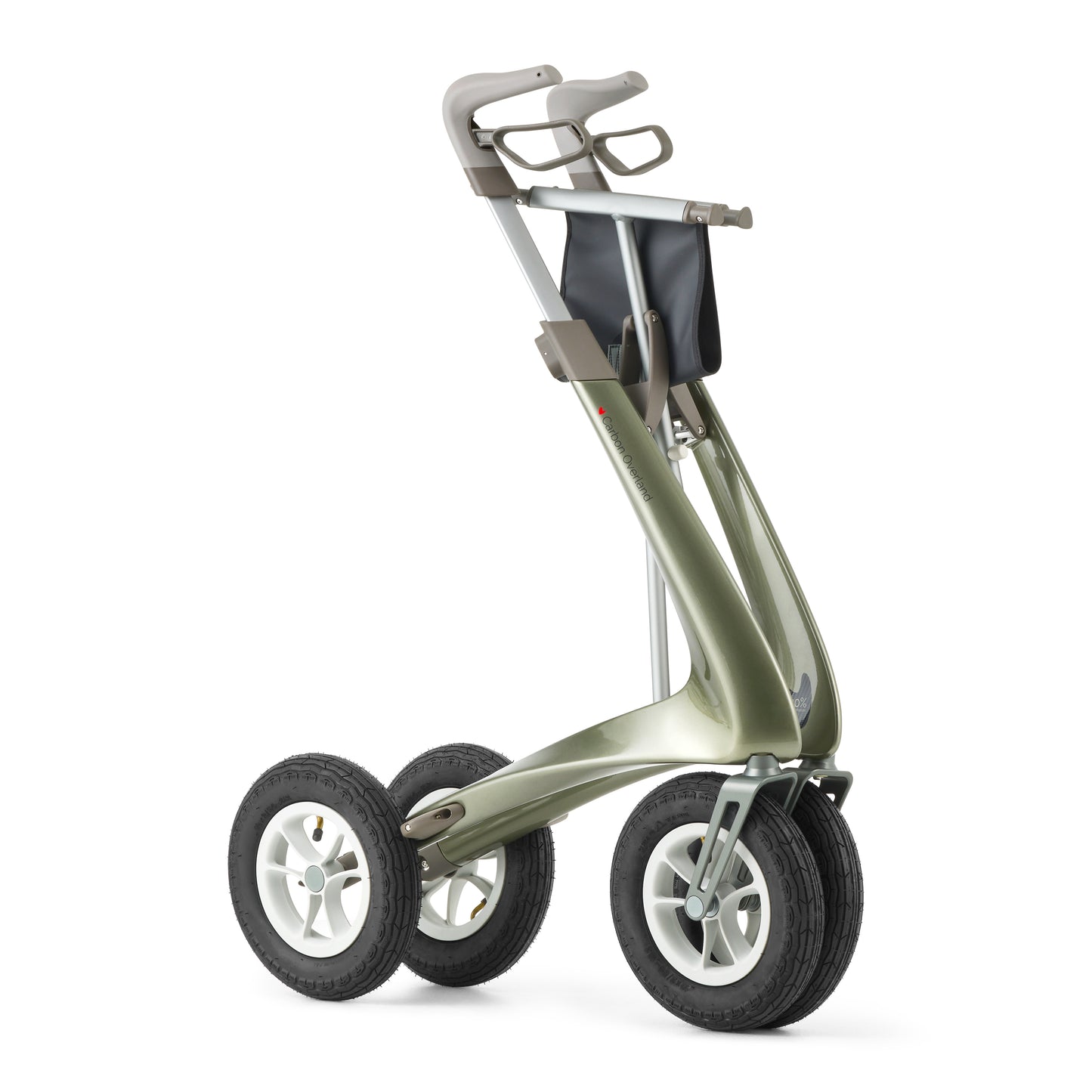 Golded Carbon Overland rollator in Defender Green colour with white background