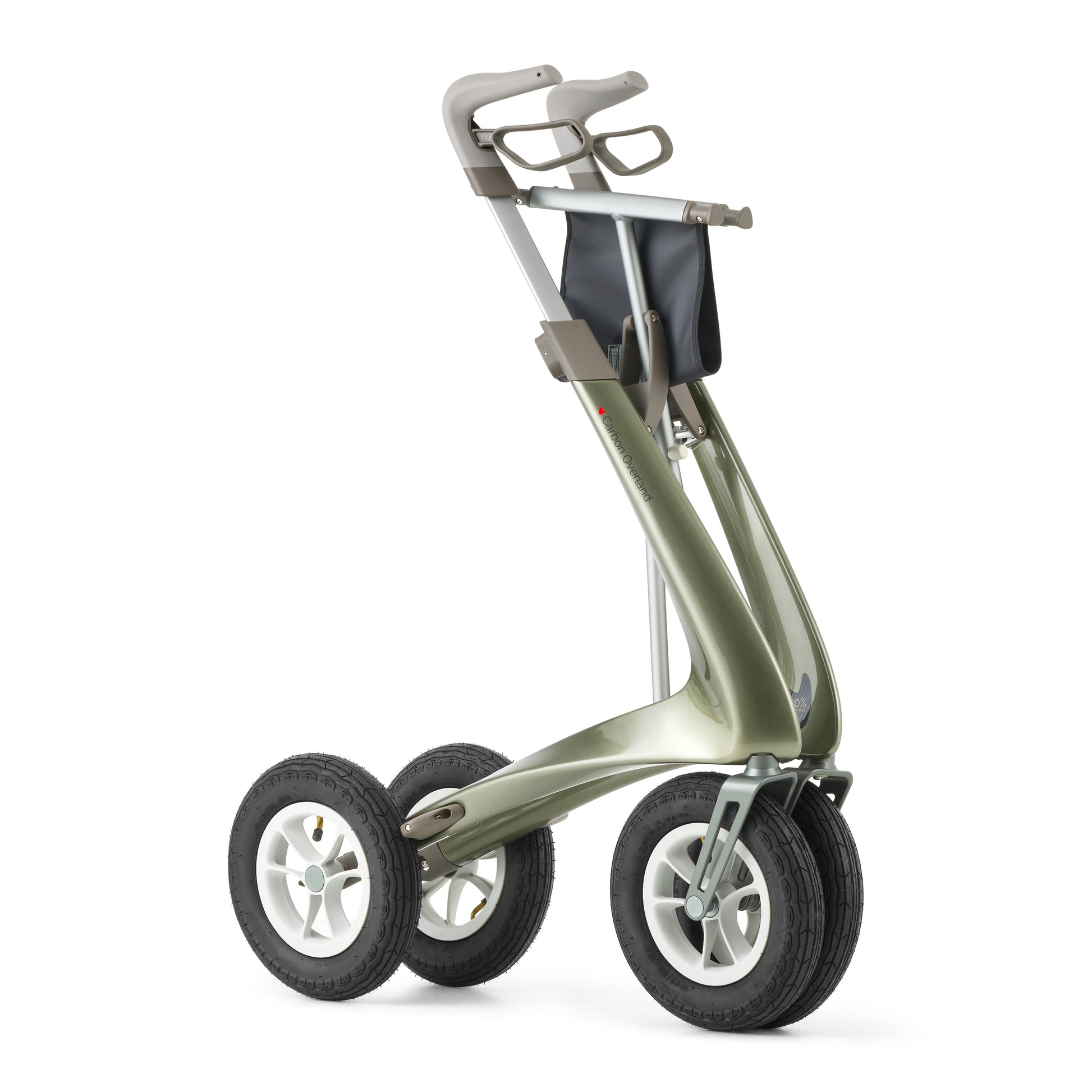 Golded Carbon Overland rollator in Defender Green colour with white background