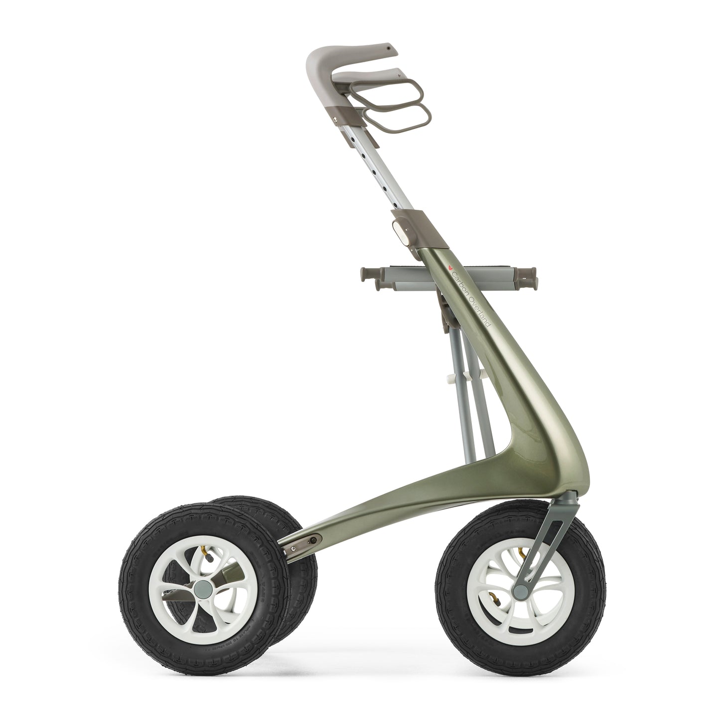 Side view of Carbon Overland rollator in Defender Green colour with white background