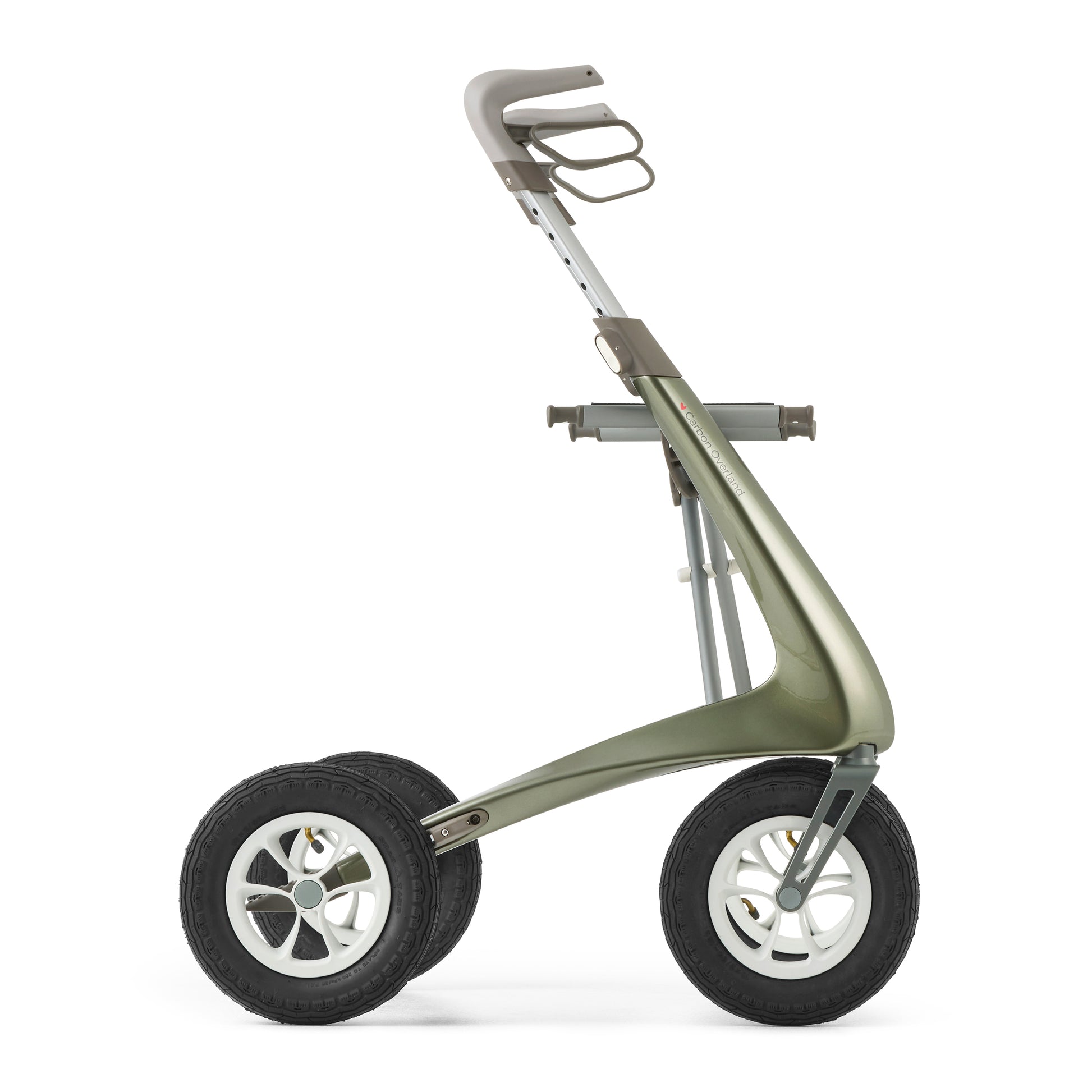 Side view of Carbon Overland rollator in Defender Green colour with white background
