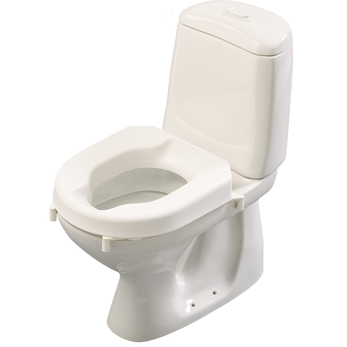 Photo of toilet with Etac Hi-loo raised toilet seat attached to it