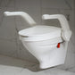 Etac My-loo raised toilet seat with armrests shown with the lid down and from a side view