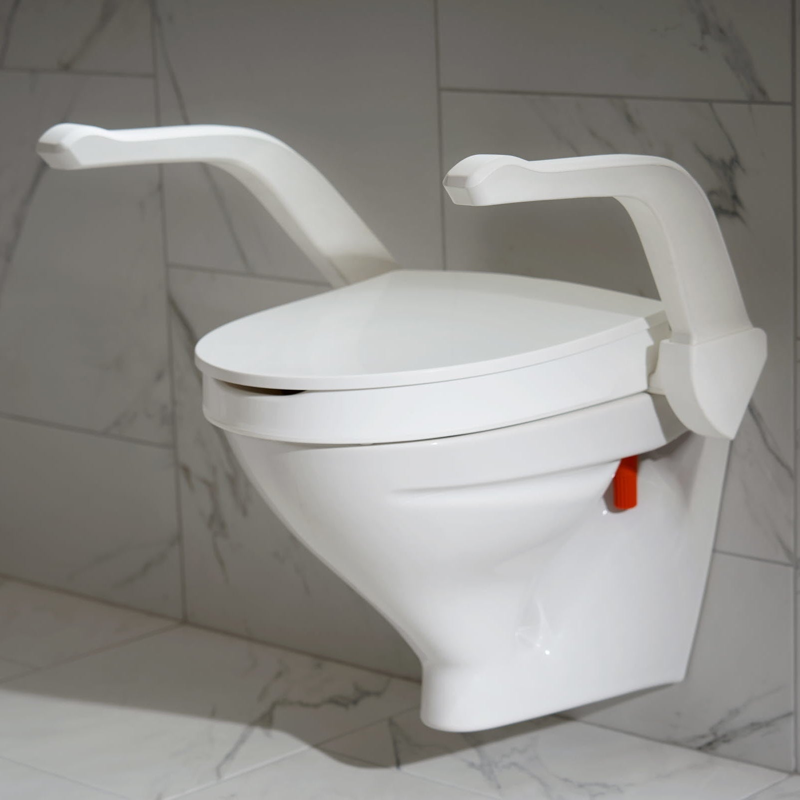 Etac My-loo raised toilet seat with armrests shown with the lid down and from a side view