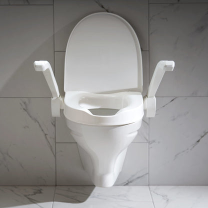 Etac My-loo raised toilet seat with arm rests in bathroom setting