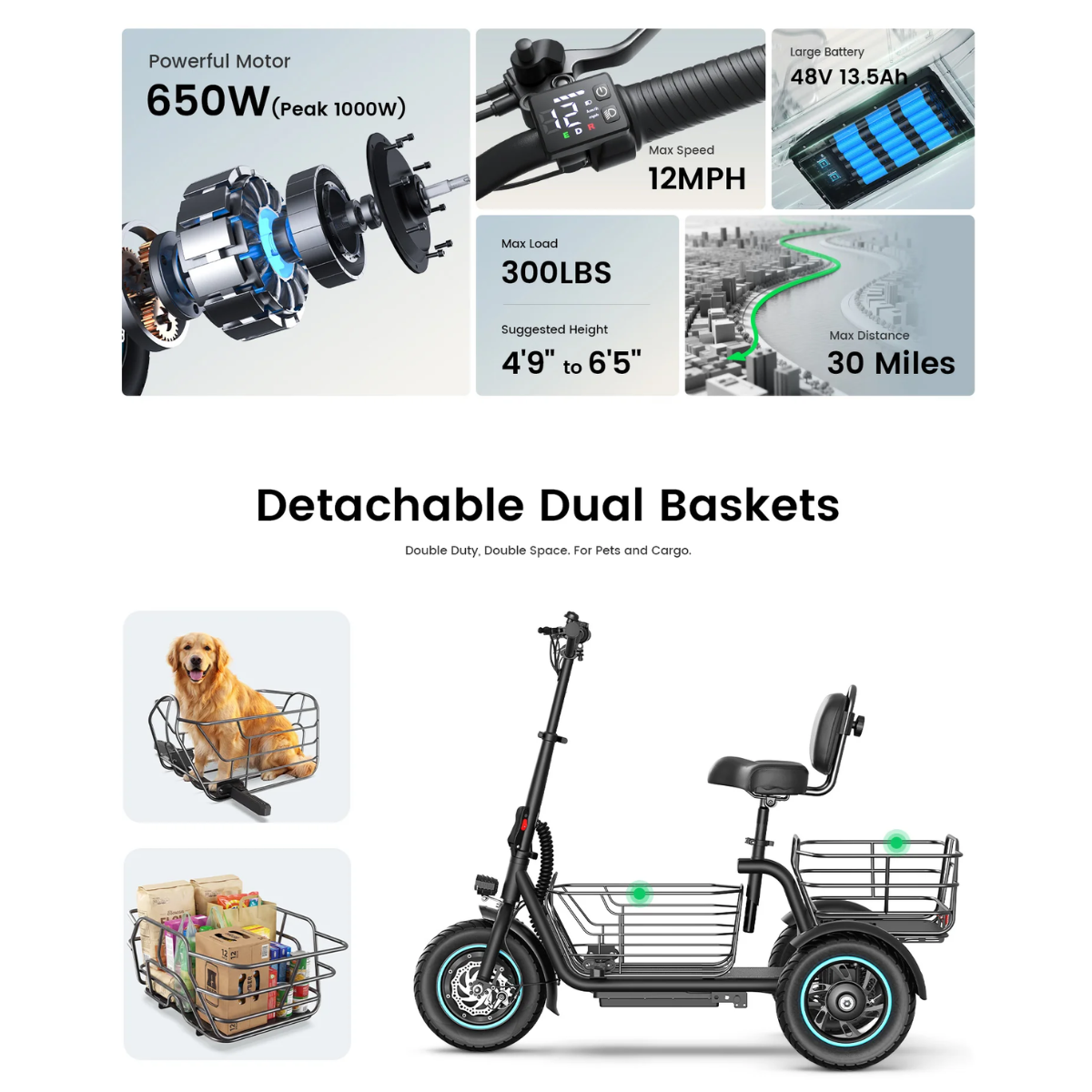 Gyroor C5 electric trike with two baskets