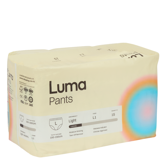 A package of Luma Pants Light absorbency underwear in size L, quantity 15, shown on a clean white background.