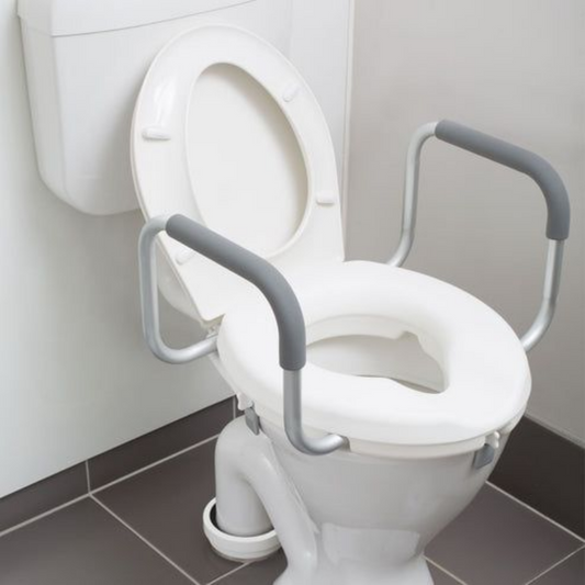 Raised toilet seat with armrests