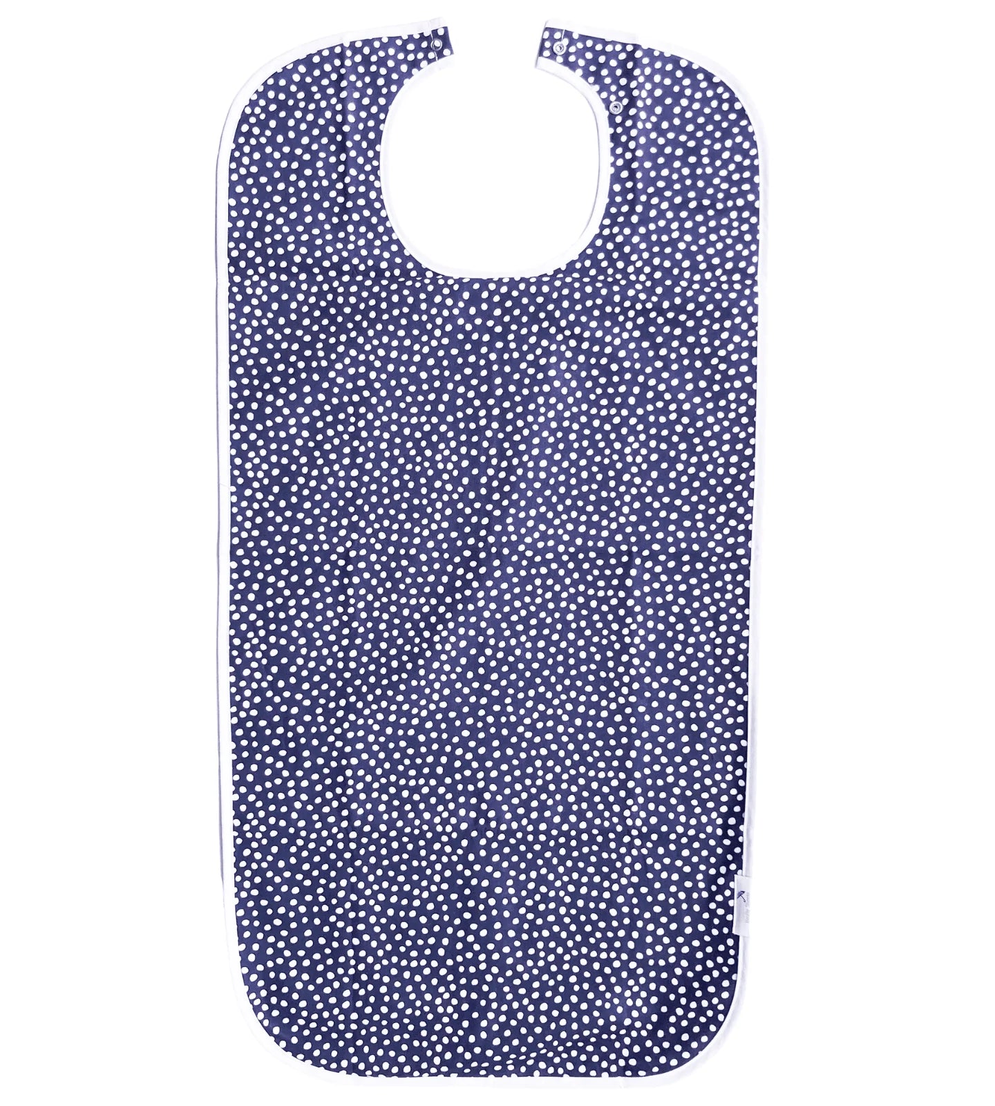 Navy coloured adult bib with white polka dots