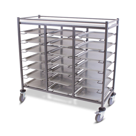 Powder coated steel tray cart with multiple shelves on a white background, holds up to 21 trays