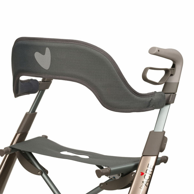 Grey padded back rest with heart shaped reflector for Overland rollator on white background
