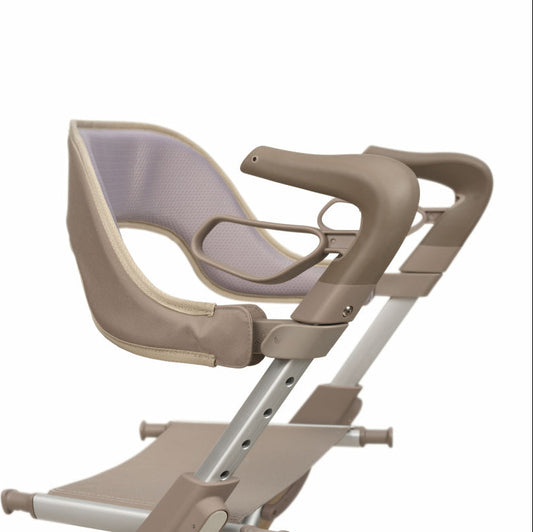 Side view of beige coloured back rest with white on inside, attached to Ultralight rollator on white background