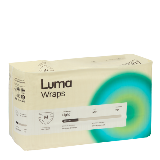 A package of Luma Wraps M2 Light size 22 disposable baby wipes, shown on a clean white background.